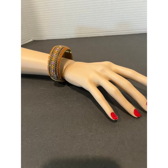 Vintage Jeweled and Beaded Multicolor Cuff Bracelet with Spring Hinge Clasp - Picture 1 of 7